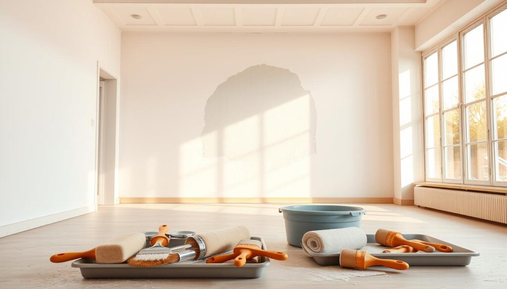 A bright, airy interior setting with a spacious 20m2 room. The walls are freshly prepared, with a smooth, even texture ready for painting. In the foreground, painting tools - brushes, rollers, and trays - are neatly arranged, hinting at the task ahead. The middle ground features a partially sanded and primed wall, revealing the transformation from old to new. Warm, natural lighting filters in through large windows, casting a welcoming glow. The atmosphere is one of anticipation and preparation, setting the stage for the upcoming painting project.