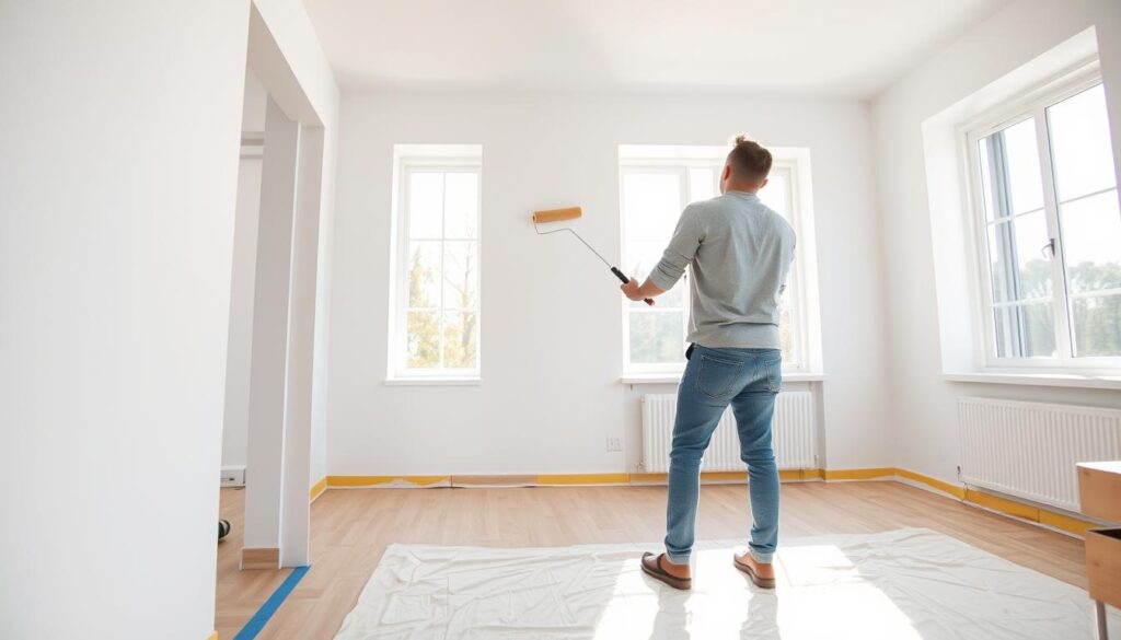 A bright, sunlit interior scene of a person painting the walls of a modern, minimalist living space. In the foreground, a person in casual clothing skillfully applies paint with a roller, creating smooth, even strokes. The middle ground reveals neatly taped baseboards and trim, indicating a methodical approach. In the background, natural light streams in through large windows, casting a warm glow and highlighting the clean, white walls waiting to be transformed. The atmosphere is one of focused productivity, with a sense of calm and satisfaction in the act of home improvement. The camera angle is slightly elevated, offering an immersive, almost participatory view of the painting process.