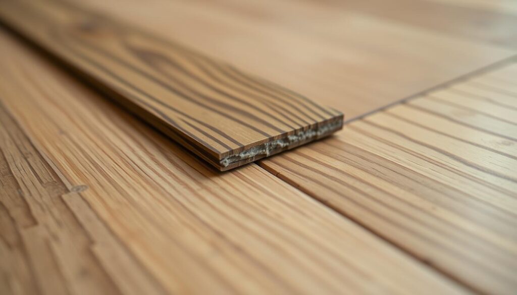 A close-up view of a section of wooden floor panels, showcasing a raised and protruding panel. The panel's edge is slightly chipped, and the surface appears slightly warped and uneven, creating a subtle gap between the panels. The lighting is soft and diffused, casting gentle shadows that accentuate the texture and depth of the wood. The background is blurred, allowing the viewer to focus on the details of the damaged flooring. The overall mood is one of subtle distress, hinting at the causes and potential solutions for this common flooring issue.