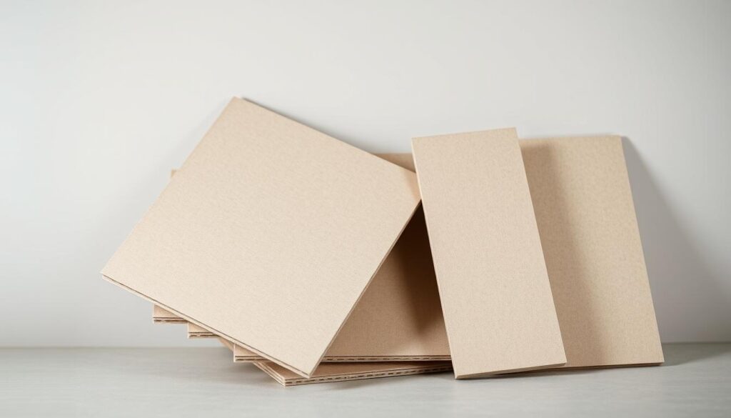 A close-up view of several gypsum-cardboard panels stacked and leaning against a neutral background. The panels have a smooth, uniform texture with visible perforations along the edges. Soft, directional lighting casts subtle shadows, highlighting the depth and dimensionality of the materials. The overall scene conveys a sense of simplicity, highlighting the practical, functional nature of these construction components. The camera angle is slightly elevated, providing a comprehensive look at the panels while maintaining a clean, uncluttered composition. A close-up view of several gypsum-cardboard panels stacked and leaning against a neutral background. The panels have a smooth, uniform texture with visible perforations along the edges. Soft, directional lighting casts subtle shadows, highlighting the depth and dimensionality of the materials. The overall scene conveys a sense of simplicity, highlighting the practical, functional nature of these construction components. The camera angle is slightly elevated, providing a comprehensive look at the panels while maintaining a clean, uncluttered composition.