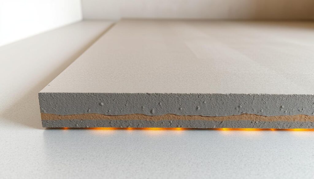A cross-section of a well-designed concrete floor system, showcasing the precise thickness of the screed layer. The screed, the vital foundation for various flooring options, is depicted in crisp detail, surrounded by a clean, minimalist background. Subtle warm lighting illuminates the textural nuances of the screed's surface, highlighting its density and durability. The image conveys a sense of technical precision and a commitment to quality construction, aligning perfectly with the article's focus on the importance of proper screed thickness for underfloor heating and outdoor applications.