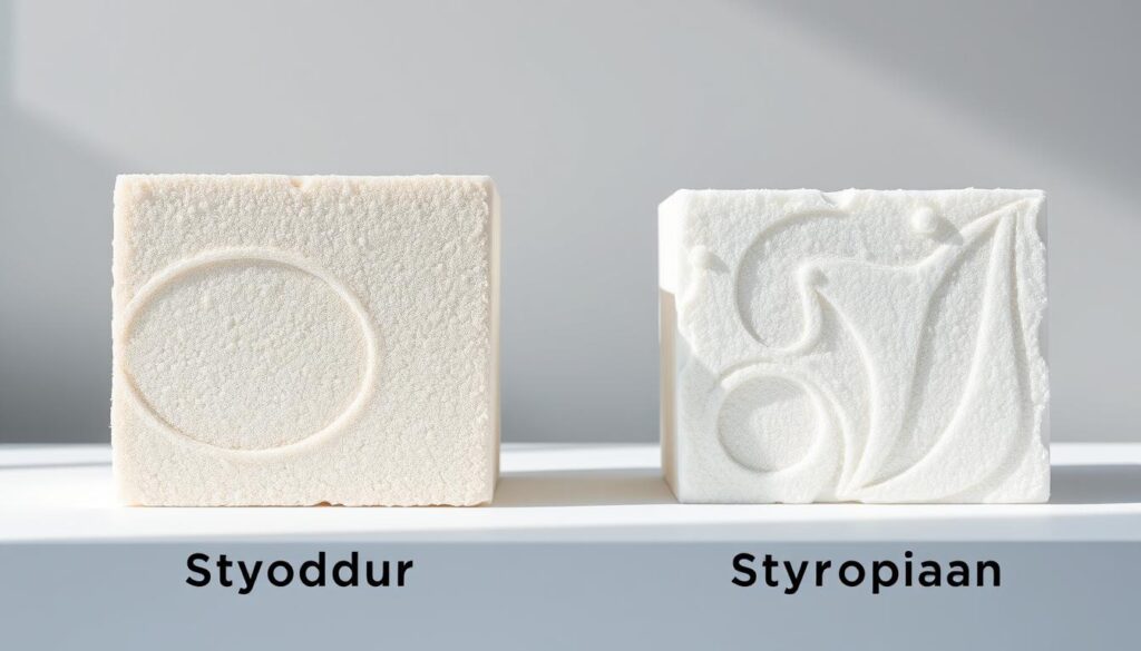 A detailed comparison of styrodur and styropian insulation materials, showcased in a modern, minimalist composition. The foreground features two identical blocks, one styrodur and one styropian, side by side, allowing a clear visual contrast of their textures and densities. The middle ground is a clean, white background, emphasizing the materials' properties. The background is a soft, muted gray gradient, creating a sense of depth and highlighting the central focus. The lighting is natural and diffused, casting subtle shadows that accentuate the dimensional qualities of the insulation samples. The camera angle is slightly elevated, providing an objective, technical perspective for the viewer to analyze the key differences between these two popular insulation solutions.