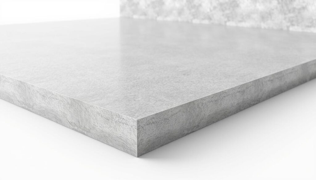 A detailed cross-section of a concrete floor slab, showcasing its various layers. In the foreground, the polished surface of the screed reveals its fine texture and finish. The middle ground features the underlying reinforced concrete base, its sturdy structure visible. In the background, the insulating foam or rigid board, typically used for underfloor heating or thermal efficiency, is depicted. The scene is captured in a high-resolution, technically accurate illustration, using a neutral color palette and soft, even lighting to emphasize the technical details. The overall atmosphere conveys a sense of precision, functionality, and attention to construction quality.