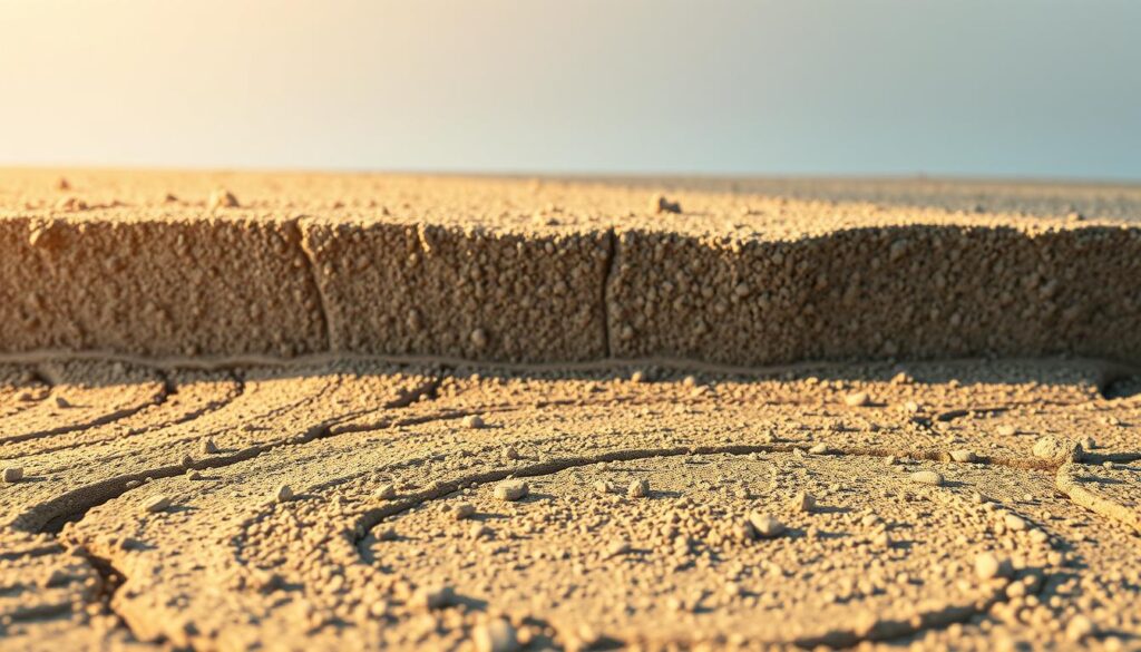 A detailed cross-section of freshly poured concrete, highlighting the process of concrete binding and hardening. The scene is bathed in a warm, golden light, creating a sense of depth and texture. In the foreground, intricate patterns of cement paste and aggregate particles are visible, while the middle ground showcases the gradual transformation of the mixture into a solid, durable material. The background depicts a clean, minimalist environment, allowing the focus to remain on the concrete's evolution. The overall composition conveys a sense of scientific observation and the passage of time, reflecting the article's subject matter.