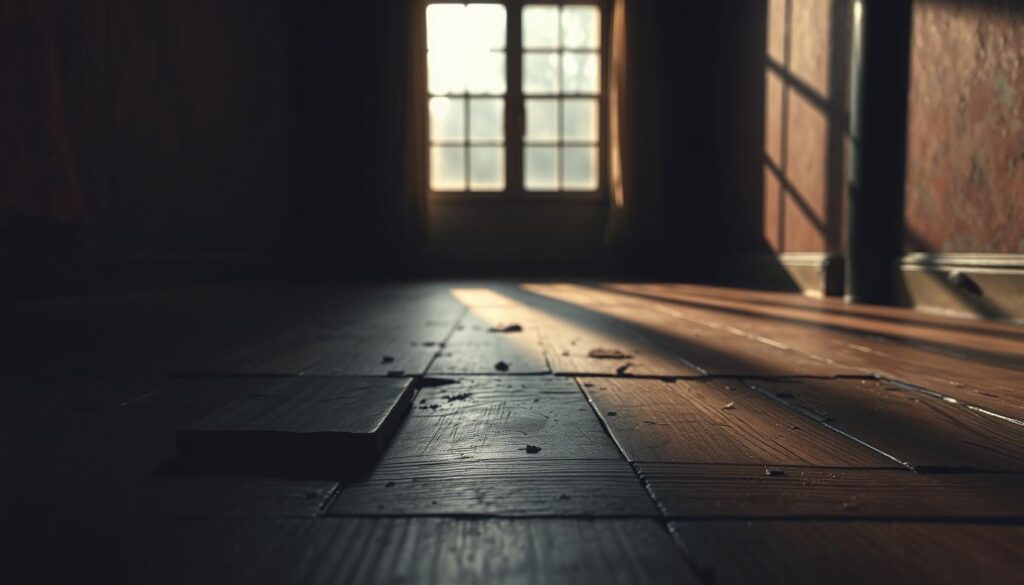 A dimly lit room with worn, uneven floorboards. In the foreground, a single wooden floor panel is slightly raised, its edges peeling and warped. The middle ground reveals the gaps and cracks between the panels, casting long shadows across the scuffed surface. In the background, a hazy light filters through a dirty window, casting a moody, atmospheric glow. The scene conveys a sense of disrepair and neglect, highlighting the need for a simple, effective solution to the problem of problematic floor panels.
