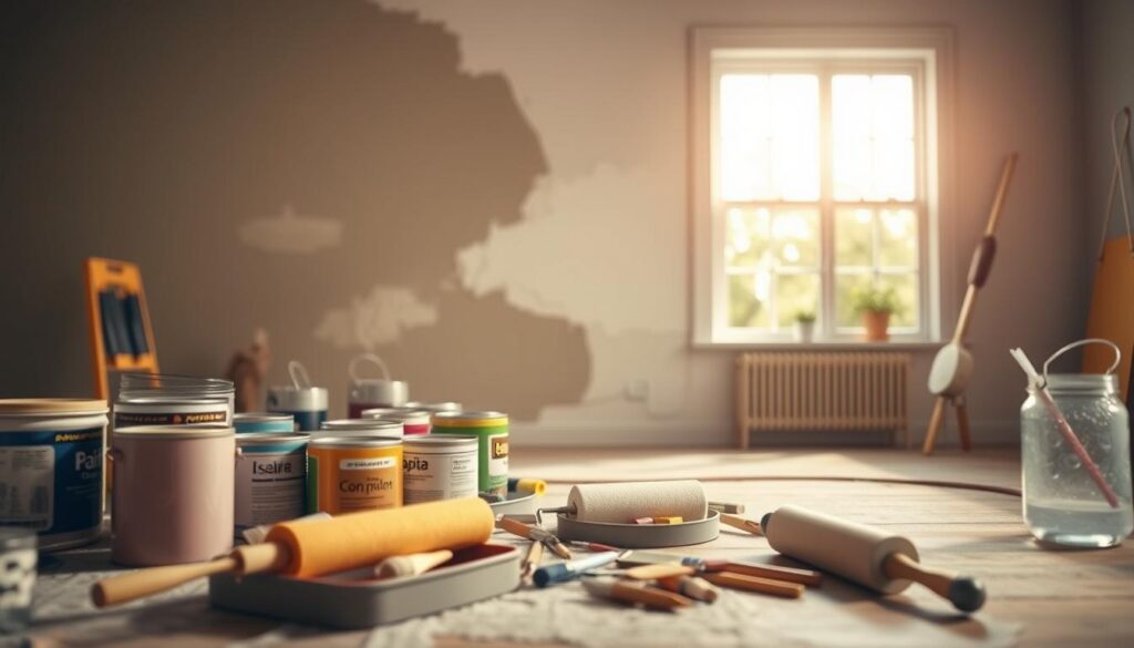 A meticulously detailed scene showcasing the key factors influencing the costs of room painting. In the foreground, various painting tools and supplies are arranged, including rollers, brushes, trays, and paint cans in an array of colors. The middle ground features a partially painted wall, revealing the texture of the underlying surface and the careful application of the paint. In the background, a window allows natural light to stream in, casting soft, warm shadows that accentuate the depth and atmosphere of the space. The overall mood is one of precision, efficiency, and attention to detail, conveying the complexities and considerations involved in the cost of room painting.