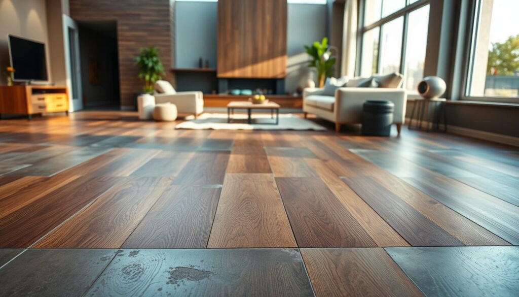 A modern interior with a mix of warm and cool tones, showcasing the benefits of vinyl flooring on an uneven surface. In the foreground, a well-lit vinyl plank flooring in a rich, wood-like pattern lays seamlessly across an imperfect concrete subfloor, highlighting its flexibility and ability to conform to irregular surfaces. In the middle ground, a cozy living room setting with a plush sofa, armchair, and coffee table creates a inviting atmosphere. The background features large windows allowing natural light to flood the space, casting a soft, ambient glow across the room. The overall scene conveys a sense of comfort, durability, and the adaptability of vinyl panels to challenging flooring conditions. A modern interior with a mix of warm and cool tones, showcasing the benefits of vinyl flooring on an uneven surface. In the foreground, a well-lit vinyl plank flooring in a rich, wood-like pattern lays seamlessly across an imperfect concrete subfloor, highlighting its flexibility and ability to conform to irregular surfaces. In the middle ground, a cozy living room setting with a plush sofa, armchair, and coffee table creates a inviting atmosphere. The background features large windows allowing natural light to flood the space, casting a soft, ambient glow across the room. The overall scene conveys a sense of comfort, durability, and the adaptability of vinyl panels to challenging flooring conditions.