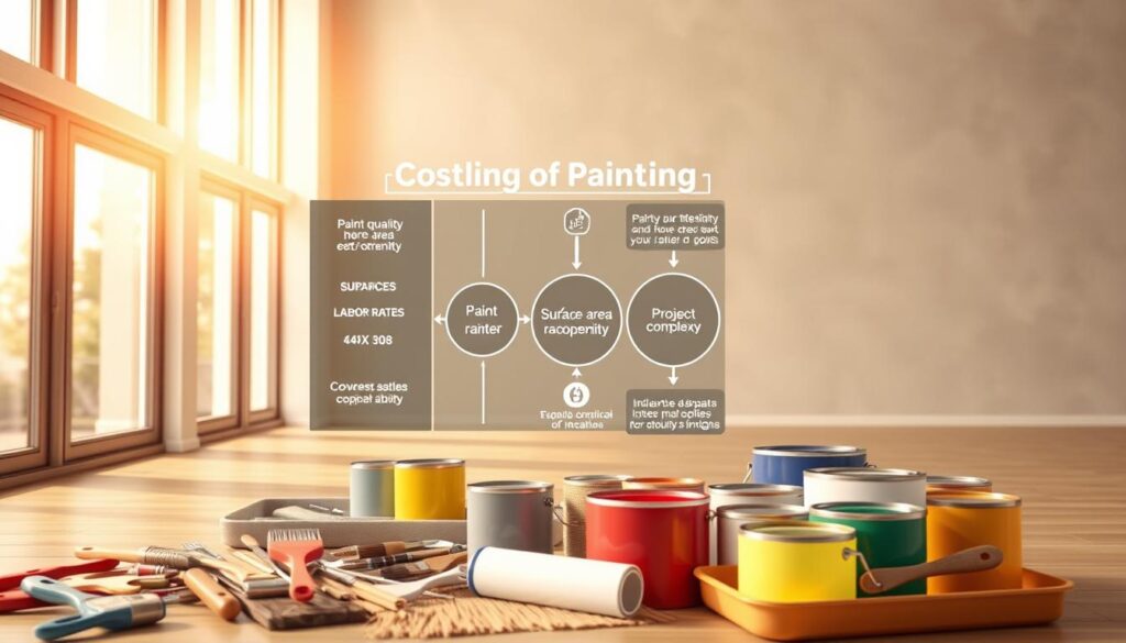 A modern, well-lit interior room with warm, natural lighting from large windows. In the foreground, an array of painting supplies - brushes, rollers, trays, and cans of paint in various colors. In the middle ground, a 3D chart or infographic depicting the key factors influencing the cost of painting, such as paint quality, surface area, labor rates, and project complexity. The background features a minimalist, neutral-toned wall, emphasizing the informative focus of the scene. The overall mood is one of informative clarity, highlighting the practical considerations that shape the pricing of a painting project.