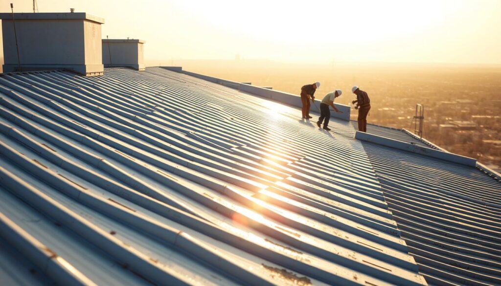 A sun-drenched rooftop, the metallic sheen of a freshly painted steel roof glistening in the warm afternoon light. The texture of the panels, each ridge and seam meticulously captured, creating a harmonious pattern that seamlessly blends with the surrounding architecture. In the foreground, a pair of skilled workers carefully apply the finishing touches, their movements precise and efficient, showcasing the care and attention to detail that goes into a professional roof painting project. The background fades into a soft, hazy cityscape, emphasizing the importance of this functional yet aesthetically pleasing element of the urban landscape. The overall scene conveys a sense of productivity, innovation, and the rewarding results of a well-executed roof painting job.