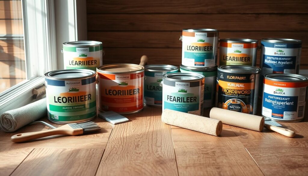 A well-lit, close-up shot of an assortment of paint cans, brushes, and rollers arranged on a wooden surface, showcasing a variety of paints suitable for refinishing hardwood flooring panels. The paints should include different colors, finishes (matte, satin, glossy), and specialized floor paints. The lighting should be natural and diffused, creating a warm, inviting atmosphere that reflects the craftsmanship and care involved in transforming the look of hardwood floors. The composition should be visually appealing, with the products arranged in a visually striking and harmonious manner, highlighting their versatility and suitability for the task at hand. A well-lit, close-up shot of an assortment of paint cans, brushes, and rollers arranged on a wooden surface, showcasing a variety of paints suitable for refinishing hardwood flooring panels. The paints should include different colors, finishes (matte, satin, glossy), and specialized floor paints. The lighting should be natural and diffused, creating a warm, inviting atmosphere that reflects the craftsmanship and care involved in transforming the look of hardwood floors. The composition should be visually appealing, with the products arranged in a visually striking and harmonious manner, highlighting their versatility and suitability for the task at hand.