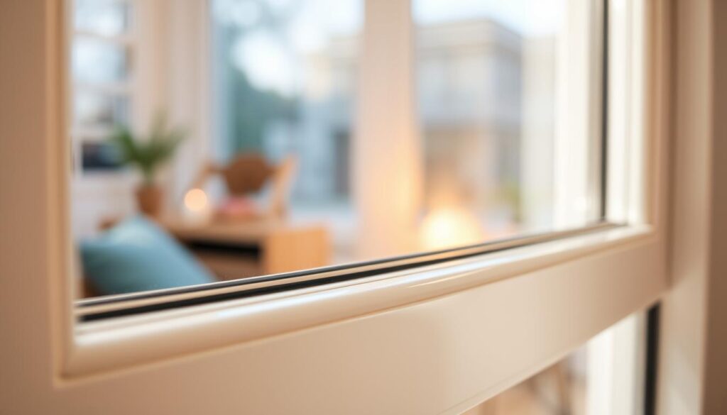A well-lit, close-up view of a freshly painted PVC window frame. The glossy white paint shines under warm, natural lighting, highlighting the smooth, clean lines of the frame. In the background, a blurred, out-of-focus interior scene suggests the window is part of a cozy, inviting living space. The composition emphasizes the tactile, high-quality feel of the newly painted surface, conveying a sense of pride and care in the home improvement project.