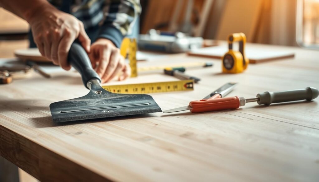 A well-lit, close-up view of a workbench covered in various tools and materials for preparing a floor for vinyl panel installation. In the foreground, a worker's hands are using a scraper to smooth and level the surface, removing any uneven areas or debris. In the middle ground, a tape measure, level, and putty knife are neatly arranged, indicating the careful attention to detail required for proper subfloor preparation. The background is softly blurred, drawing the eye to the main action, conveying a sense of focused, professional craftsmanship. The overall scene is bathed in warm, natural lighting, creating a welcoming and reassuring atmosphere for the task at hand. A well-lit, close-up view of a workbench covered in various tools and materials for preparing a floor for vinyl panel installation. In the foreground, a worker's hands are using a scraper to smooth and level the surface, removing any uneven areas or debris. In the middle ground, a tape measure, level, and putty knife are neatly arranged, indicating the careful attention to detail required for proper subfloor preparation. The background is softly blurred, drawing the eye to the main action, conveying a sense of focused, professional craftsmanship. The overall scene is bathed in warm, natural lighting, creating a welcoming and reassuring atmosphere for the task at hand.