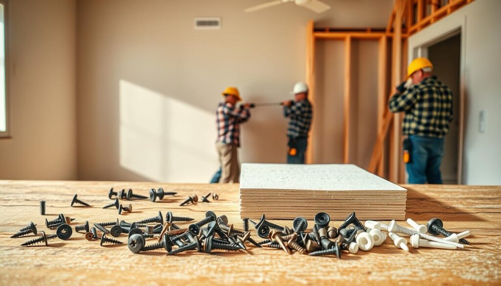 A well-lit, detailed interior scene showcasing the various methods of mounting gypsum boards. In the foreground, a table displays an array of screws, adhesives, and foam sealants used for installation. Midground, carpenters demonstrate proper techniques, drilling into drywall and applying joint compound. The background features a partially constructed wall, revealing the framing structure. Warm, natural lighting casts soft shadows, highlighting the textures of the materials. The composition emphasizes the comparison of mounting methods, inviting the viewer to consider the best approach for their project.