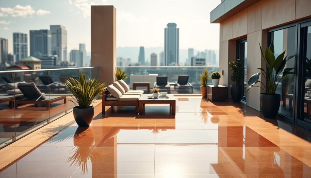A well-lit, high-angle shot of an elegant, modern terrace featuring a sleek, glossy resin floor in a warm, earthy tone. The surface reflects the surrounding environment, creating a seamless, mirror-like effect. The terrace is adorned with potted plants and minimal, contemporary outdoor furniture, conveying a sense of relaxation and sophistication. The background showcases a vibrant, sun-drenched cityscape, hinting at the urban context. The image should communicate the quality, durability, and aesthetic appeal of resin flooring for outdoor living spaces, capturing the essence of the section title. A well-lit, high-angle shot of an elegant, modern terrace featuring a sleek, glossy resin floor in a warm, earthy tone. The surface reflects the surrounding environment, creating a seamless, mirror-like effect. The terrace is adorned with potted plants and minimal, contemporary outdoor furniture, conveying a sense of relaxation and sophistication. The background showcases a vibrant, sun-drenched cityscape, hinting at the urban context. The image should communicate the quality, durability, and aesthetic appeal of resin flooring for outdoor living spaces, capturing the essence of the section title.