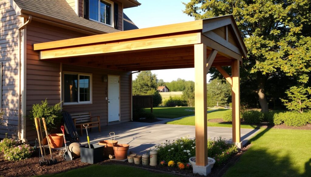 A wooden carport structure standing adjacent to a cozy two-story home, bathed in warm afternoon sunlight. The carport features a gable roof, timber posts, and horizontal slatted siding, seamlessly blending with the home's exterior. The foreground showcases neatly arranged gardening tools and a well-tended flowerbed, while the background reveals a peaceful suburban landscape with lush greenery. Subtle shadows cast by the carport create a sense of depth and dimension, highlighting its practical and aesthetic integration into the property. The overall scene conveys a sense of comfort, functionality, and harmonious home architecture.