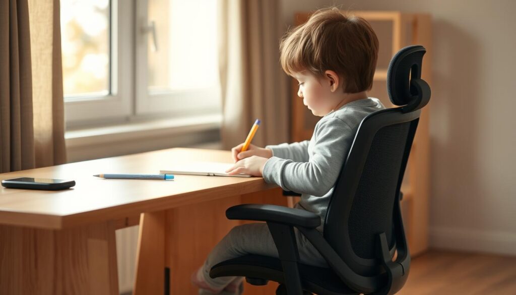A young child sitting at a wooden desk, focused intently on their work. The desk is simple and functional, with a few essential items like a pencil and notebook. The child is perched on an ergonomic office chair, their feet barely reaching the floor. Warm, natural lighting filters in from a nearby window, casting a soft glow on the scene. The background is blurred, allowing the viewer to concentrate on the child's studious expression and the desk setup. The overall atmosphere is one of quiet concentration and productivity, reflecting the importance of choosing the right furniture for a child's workspace. A young child sitting at a wooden desk, focused intently on their work. The desk is simple and functional, with a few essential items like a pencil and notebook. The child is perched on an ergonomic office chair, their feet barely reaching the floor. Warm, natural lighting filters in from a nearby window, casting a soft glow on the scene. The background is blurred, allowing the viewer to concentrate on the child's studious expression and the desk setup. The overall atmosphere is one of quiet concentration and productivity, reflecting the importance of choosing the right furniture for a child's workspace.