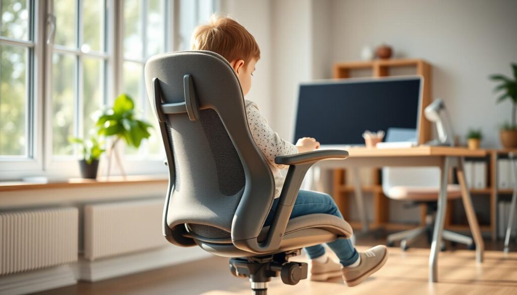 An ergonomic office chair for a child, designed with attention to their comfort and support. The chair features a contoured backrest that follows the natural curve of the spine, providing lumbar support. The seat is slightly sloped forward, encouraging proper posture and reducing pressure on the thighs. Adjustable armrests allow the child to find a comfortable position for their arms. The chair is made of durable, high-quality materials in a neutral color scheme, blending seamlessly into a modern home office or study area. Soft, breathable upholstery ensures the child can sit for extended periods without discomfort. The chair is positioned in a well-lit, airy room, with natural light filtering in through large windows, creating a calming and focused atmosphere for learning and productivity. An ergonomic office chair for a child, designed with attention to their comfort and support. The chair features a contoured backrest that follows the natural curve of the spine, providing lumbar support. The seat is slightly sloped forward, encouraging proper posture and reducing pressure on the thighs. Adjustable armrests allow the child to find a comfortable position for their arms. The chair is made of durable, high-quality materials in a neutral color scheme, blending seamlessly into a modern home office or study area. Soft, breathable upholstery ensures the child can sit for extended periods without discomfort. The chair is positioned in a well-lit, airy room, with natural light filtering in through large windows, creating a calming and focused atmosphere for learning and productivity.