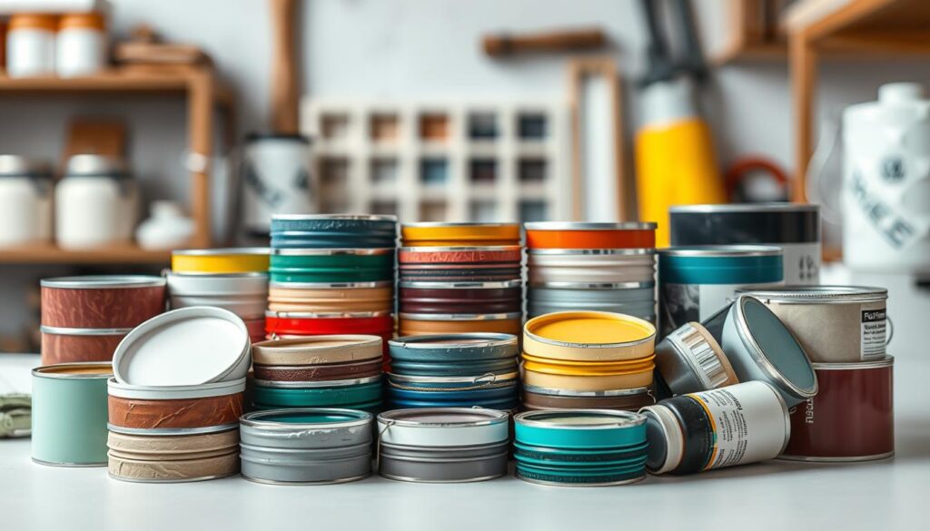 Detailed close-up of various paint cans and tubes, displaying a wide range of color samples for PVC windows. The foreground showcases an array of paint samples, each with unique textures, finishes, and color tones, neatly arranged on a clean, white surface. The middle ground features an out-of-focus background, hinting at a professional workshop or paint store setting. Soft, diffused lighting creates a warm, inviting atmosphere, emphasizing the diverse palette of paint options for customizing PVC windows. The composition is balanced, allowing the paint samples to be the focal point, conveying the breadth of available choices for this specific application.