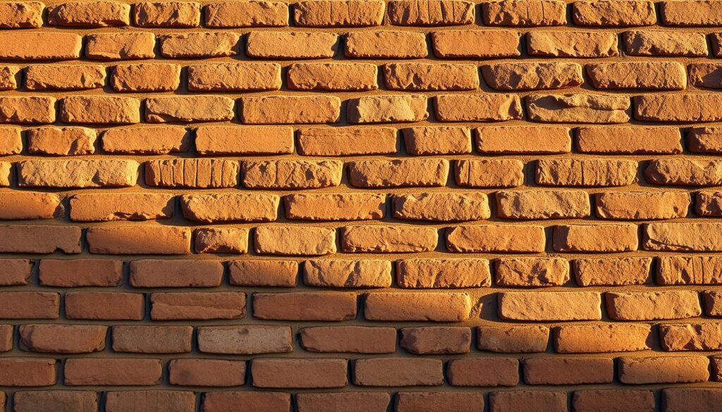 A beautifully weathered, textured facade made of rustic, reddish-brown clinker bricks. The brickwork displays a striking, irregular pattern, with varied shades and tones that create a rich, aged appearance. Warm, directional lighting casts deep shadows, accentuating the dimensional quality of the bricks and highlighting their rugged, durable construction. The scene conveys a sense of timeless elegance and enduring craftsmanship, perfectly suited for a high-quality residential or commercial building. The overall composition is clean, uncluttered, and focuses solely on the captivating visual appeal of the clinker brick exterior.