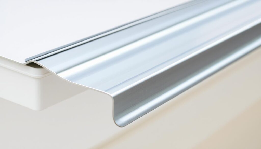 A close-up photograph of the end of a metal rain gutter, showcasing the precise amount of sheet metal that should be extended beyond the gutter's edge. The sheet metal is a lustrous, polished silver, perfectly formed to seamlessly integrate with the gutter's profile. Crisp lighting accentuates the clean lines and beveled edges, with a soft, diffused background to draw the viewer's attention to the technical details. The image conveys a sense of careful craftsmanship and attention to detail, reflecting the practical, step-by-step guidance presented in the article's section on proper gutter flashing installation.