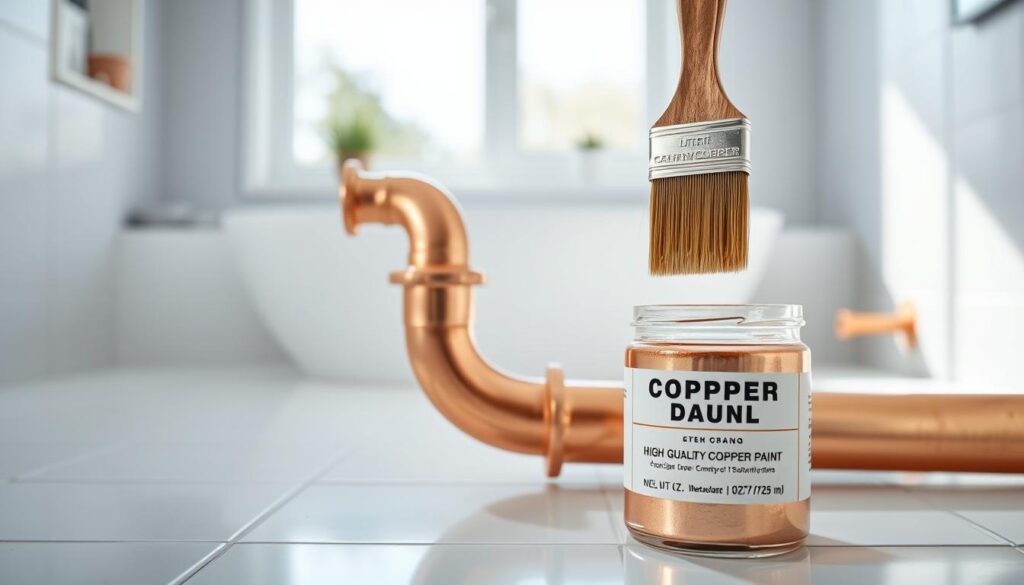 A copper pipe with a smooth, polished surface sits in a well-lit, minimalist bathroom setting. The pipe casts a warm, metallic glow, illuminated by natural light streaming through a large window. In the foreground, a paintbrush dips into a jar of high-quality copper paint, ready to apply an even, glossy coating. The middle ground features a tiled floor and clean, white walls, creating a serene, modern atmosphere. The background is slightly blurred, allowing the focus to remain on the copper pipe and the painting process. The overall scene conveys a sense of care and attention to detail in maintaining and enhancing the aesthetic appeal of the copper plumbing.