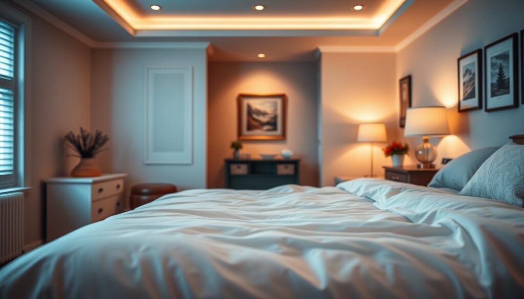 A cozy bedroom interior with a focus on the strategic placement of electrical outlets. The foreground features a neatly made bed with soft, inviting linens, while the middle ground showcases the carefully planned arrangement of power outlets along the walls, seamlessly integrated into the room's decor. The background offers a warm, ambient lighting that sets a relaxing atmosphere, with hints of tasteful wall art and furnishings that complement the overall design. The image conveys a sense of thoughtful planning and attention to detail, highlighting the importance of well-placed electrical infrastructure in creating a harmonious and functional living space.