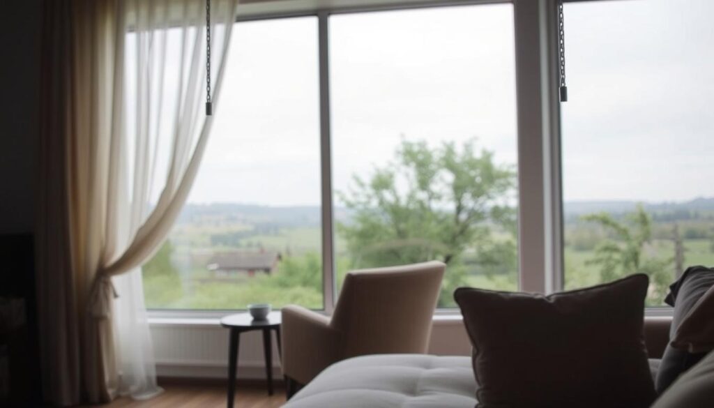 A cozy, well-lit room with a large window overlooking a tranquil outdoor scene. In the foreground, a sleek, modern curtain rod, or "karnisz," spans the width of the window, its clean lines and minimalist design complementing the room's décor. The curtains, flowing gently in the soft breeze, frame the view and add a touch of elegance. In the middle ground, a plush armchair and side table invite relaxation, while the background reveals a serene landscape with lush greenery and a calm, overcast sky. The overall atmosphere is one of comfort, simplicity, and an appreciation for the beauty of the natural world.