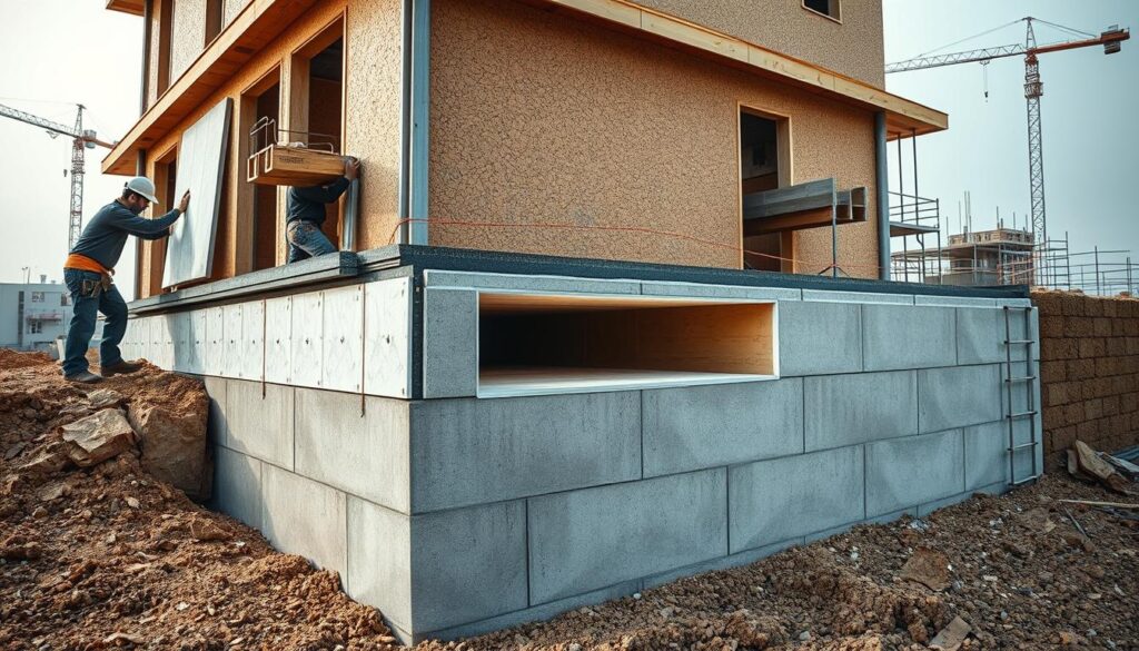 A cross-section of a building's foundation, showcasing the insulation process. In the foreground, workers carefully install high-quality rigid foam insulation boards along the exterior walls, ensuring a seamless and airtight barrier. The middle ground features a cutaway view, revealing the concrete foundation and the strategic placement of the insulation, protecting the structure from heat loss and moisture intrusion. The background depicts a modern construction site, with cranes and scaffolding in the distance, conveying the importance of proper foundation insulation in the overall building process. The lighting is soft and diffused, creating a sense of professionalism and attention to detail in the work being carried out. The angle is slightly elevated, providing a comprehensive view of the insulation installation for maximum visual impact.
