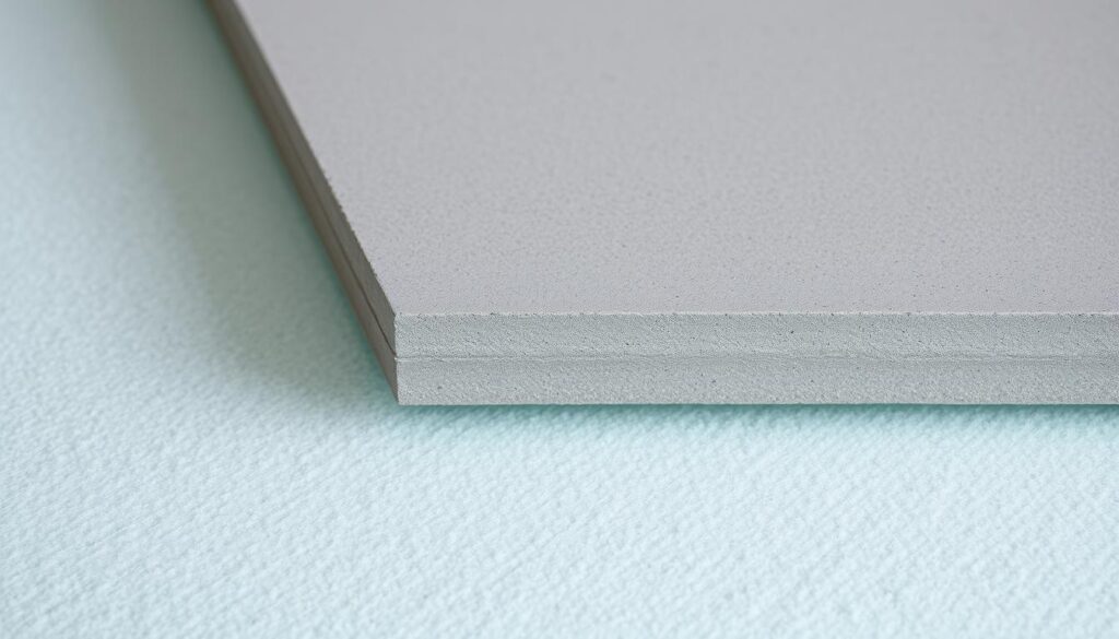 A cross-section of a concrete floor slab resting on a layer of insulating styrofoam panels. The concrete appears to be a uniform light gray color, with a smooth, even surface texture. The styrofoam layer beneath is a light blue-green hue, with a slightly grainy, cellular structure visible. The floor slab is depicted at an angle, allowing the viewer to see the thickness of the concrete and the styrofoam layers. The lighting is soft and diffuse, creating subtle shadows and highlights that emphasize the materiality of the elements. The overall mood is one of technical precision and functional simplicity, conveying the importance of the correct thickness of the concrete layer for the long-term durability of the floor. A cross-section of a concrete floor slab resting on a layer of insulating styrofoam panels. The concrete appears to be a uniform light gray color, with a smooth, even surface texture. The styrofoam layer beneath is a light blue-green hue, with a slightly grainy, cellular structure visible. The floor slab is depicted at an angle, allowing the viewer to see the thickness of the concrete and the styrofoam layers. The lighting is soft and diffuse, creating subtle shadows and highlights that emphasize the materiality of the elements. The overall mood is one of technical precision and functional simplicity, conveying the importance of the correct thickness of the concrete layer for the long-term durability of the floor.