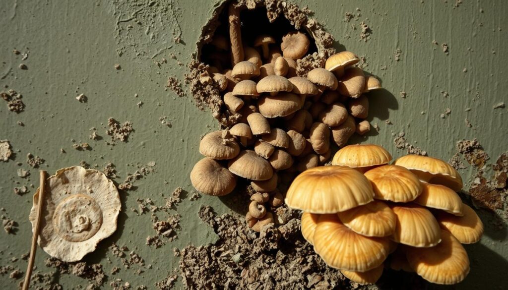 A damp, musty wall with visible patches of fungal growth in the foreground. The middle ground showcases a variety of mushroom species, including common household molds, emerging from crevices and discolored areas. The background depicts the structural causes of the fungal infestation, such as poor ventilation, leaks, or excessive moisture buildup. The lighting is soft and natural, casting subtle shadows that accentuate the textural details of the fungi. The overall scene conveys a sense of decay and the need for remediation to address the underlying issues leading to the fungal proliferation. A damp, musty wall with visible patches of fungal growth in the foreground. The middle ground showcases a variety of mushroom species, including common household molds, emerging from crevices and discolored areas. The background depicts the structural causes of the fungal infestation, such as poor ventilation, leaks, or excessive moisture buildup. The lighting is soft and natural, casting subtle shadows that accentuate the textural details of the fungi. The overall scene conveys a sense of decay and the need for remediation to address the underlying issues leading to the fungal proliferation.