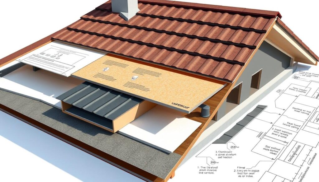 A detailed architectural rendering of a "dachu gotowo" or "finished roof" system, showcased in a professional, technical manner. The image should depict the various components and layers of the roof assembly, including the underlayment, roofing tiles or shingles, flashing, and ventilation elements. The scene should be illuminated by soft, natural lighting, with a neutral color palette that emphasizes the material textures and construction details. The composition should strike a balance between clear, informative schematics and a visually appealing, illustrative style suitable for an educational article. The perspective should be slightly elevated, allowing the viewer to appreciate the intricate details of the roofing system from an objective, technical standpoint.