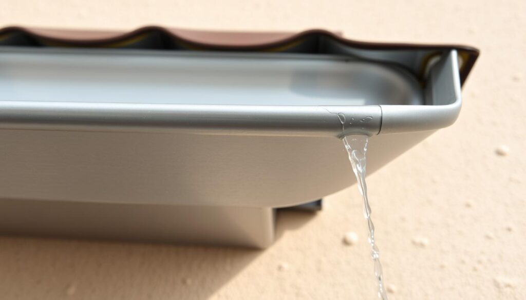 A detailed close-up view of a galvanized steel rain gutter, or "rynny" in Polish, showcasing its intricate construction and design. The gutter is positioned at a slight angle, capturing the streamlined flow of water. Highlights glint off the smooth, metallic surface, conveying the high-quality craftsmanship. In the background, a soft, neutral-toned wall provides a clean, minimalist backdrop, allowing the gutter to be the focal point. The lighting is soft and diffused, creating subtle shadows that accentuate the gutter's dimensional profile. The overall atmosphere is one of precision, functionality, and the importance of a well-designed rainwater management system.