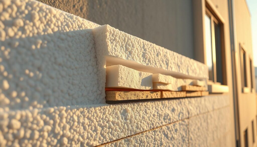 A detailed cross-section of a building's exterior wall, showcasing the precise thickness and layering of high-quality expanded polystyrene (EPS) insulation. The foreground depicts the intricate textural patterns of the styrofoam panels, while the middle ground reveals the internal structure, including the wall cavity, framing, and any additional insulation materials. The background subtly hints at the building's architectural features, such as window frames or exterior cladding, to provide context. Warm, directional lighting illuminates the scene, casting subtle shadows that accentuate the depth and dimensionality of the styrofoam. The overall composition conveys the crucial role of proper insulation thickness in achieving energy efficiency and thermal comfort within the building.