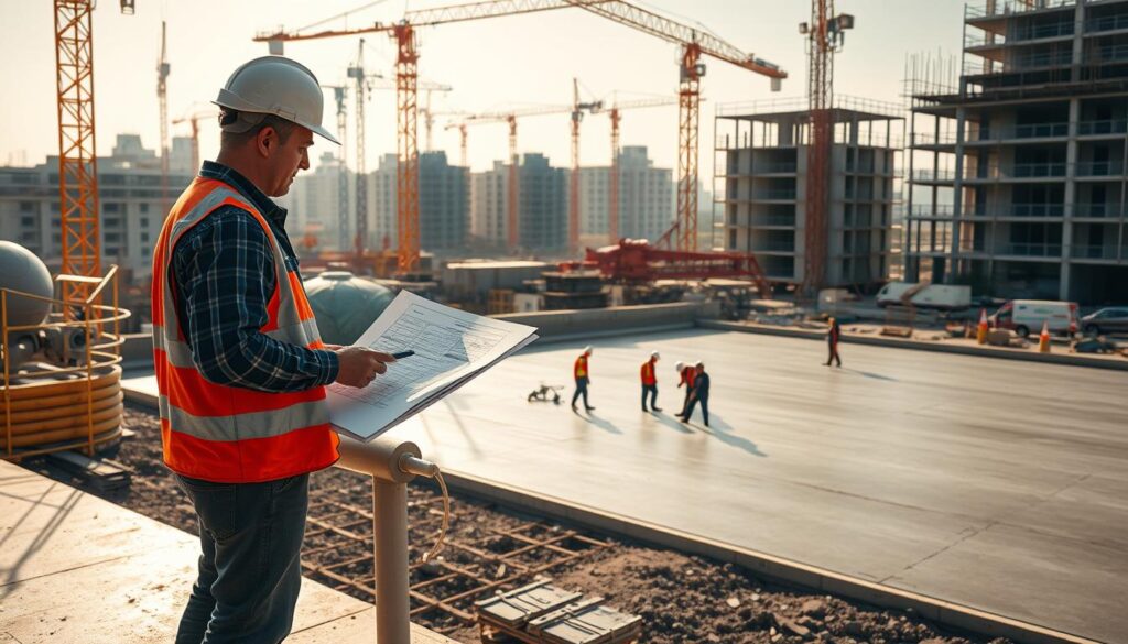 A detailed, photorealistic image of a construction site with a focus on calculating the amount of concrete required for a project. In the foreground, a construction worker stands beside a concrete mixer, intently studying a set of blueprints and making calculations on a tablet. In the middle ground, a large concrete pour is underway, with workers carefully smoothing the surface. In the background, cranes, scaffolding, and partially constructed buildings provide a sense of scale and the overall construction process. The scene is illuminated by warm, natural lighting, creating a sense of depth and atmosphere. The overall mood is one of precision, diligence, and the careful planning required for a successful construction project. A detailed, photorealistic image of a construction site with a focus on calculating the amount of concrete required for a project. In the foreground, a construction worker stands beside a concrete mixer, intently studying a set of blueprints and making calculations on a tablet. In the middle ground, a large concrete pour is underway, with workers carefully smoothing the surface. In the background, cranes, scaffolding, and partially constructed buildings provide a sense of scale and the overall construction process. The scene is illuminated by warm, natural lighting, creating a sense of depth and atmosphere. The overall mood is one of precision, diligence, and the careful planning required for a successful construction project.