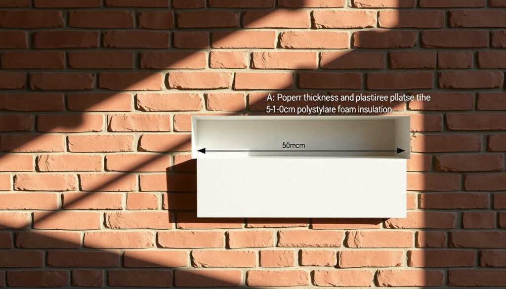 A detailed, technical cross-section diagram of a masonry wall, showcasing the proper thickness and placement of 5-10cm polystyrene foam insulation. The scene is illuminated with soft, natural lighting, casting subtle shadows that emphasize the layered structure. The wall is constructed using traditional bricks, with precise mortar joints visible. The diagram is presented in a clean, minimalist style, focusing on the key measurements and proportions required to calculate the equivalent thickness of the insulated wall. The overall mood is informative and educational, guiding the viewer through the essential details of this common construction technique. A detailed, technical cross-section diagram of a masonry wall, showcasing the proper thickness and placement of 5-10cm polystyrene foam insulation. The scene is illuminated with soft, natural lighting, casting subtle shadows that emphasize the layered structure. The wall is constructed using traditional bricks, with precise mortar joints visible. The diagram is presented in a clean, minimalist style, focusing on the key measurements and proportions required to calculate the equivalent thickness of the insulated wall. The overall mood is informative and educational, guiding the viewer through the essential details of this common construction technique.