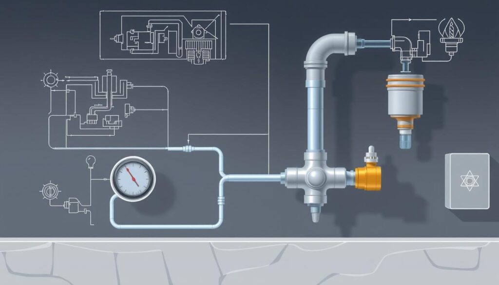 A detailed technical illustration of a residential water connection system, known as "przyłącza wody" in Polish. The scene depicts the essential components and infrastructure needed to bring water into a house, including the main water pipe, water meter, shutoff valve, and connection points. The image should have a technical, engineering-oriented aesthetic, with clean lines, precise engineering diagrams, and a muted, industrial color palette of greys, blues, and silvers. The lighting should be neutral and evenly distributed, allowing the viewer to clearly see all the important details. The overall mood should convey a sense of functionality, reliability, and professionalism, reflecting the practical information being presented in the article section. A detailed technical illustration of a residential water connection system, known as "przyłącza wody" in Polish. The scene depicts the essential components and infrastructure needed to bring water into a house, including the main water pipe, water meter, shutoff valve, and connection points. The image should have a technical, engineering-oriented aesthetic, with clean lines, precise engineering diagrams, and a muted, industrial color palette of greys, blues, and silvers. The lighting should be neutral and evenly distributed, allowing the viewer to clearly see all the important details. The overall mood should convey a sense of functionality, reliability, and professionalism, reflecting the practical information being presented in the article section.