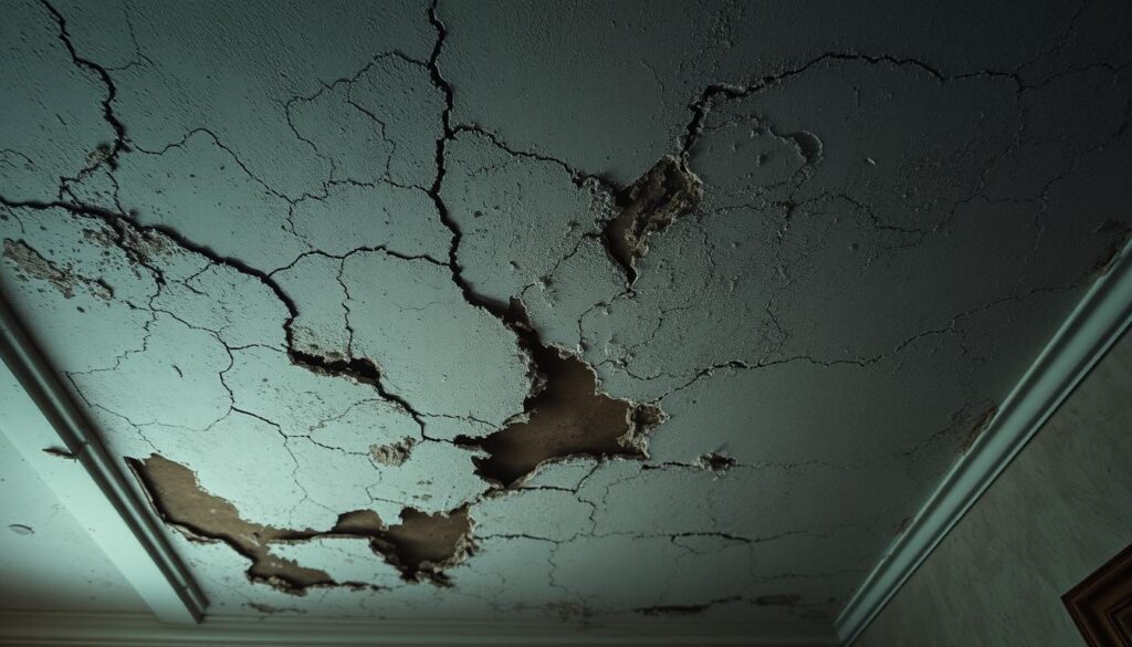 A dilapidated ceiling with visible cracks and fissures, casting an ominous, foreboding atmosphere. The lighting is soft and muted, creating a sense of gloom and neglect. The image is captured from a low angle, emphasizing the scale and severity of the damage, with the cracked plaster and peeling paint textures clearly visible. The overall composition conveys a sense of deterioration and the need for immediate attention, reflecting the challenges faced by homeowners dealing with this common issue.