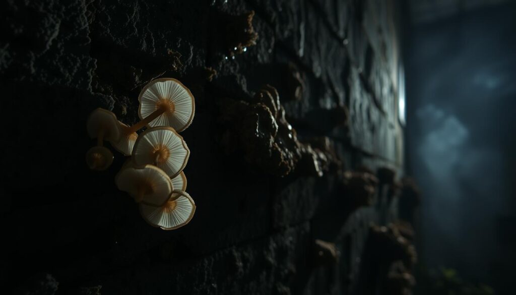 A dimly lit corner of a damp, old wall, covered in various species of fungi and mold. The foreground features a cluster of delicate, translucent mushrooms with intricate caps and stems, casting subtle shadows. In the middle ground, larger, textured fungal growths cling to the porous surface, their earthy hues contrasting with the crumbling mortar. The background fades into a hazy, atmospheric gloom, hinting at the larger scale of the wall's mycological ecosystem. The lighting is moody and dramatic, casting dramatic chiaroscuro effects and accentuating the organic textures. The overall composition conveys a sense of the unseen, microbial world thriving within the decaying architecture. A dimly lit corner of a damp, old wall, covered in various species of fungi and mold. The foreground features a cluster of delicate, translucent mushrooms with intricate caps and stems, casting subtle shadows. In the middle ground, larger, textured fungal growths cling to the porous surface, their earthy hues contrasting with the crumbling mortar. The background fades into a hazy, atmospheric gloom, hinting at the larger scale of the wall's mycological ecosystem. The lighting is moody and dramatic, casting dramatic chiaroscuro effects and accentuating the organic textures. The overall composition conveys a sense of the unseen, microbial world thriving within the decaying architecture.
