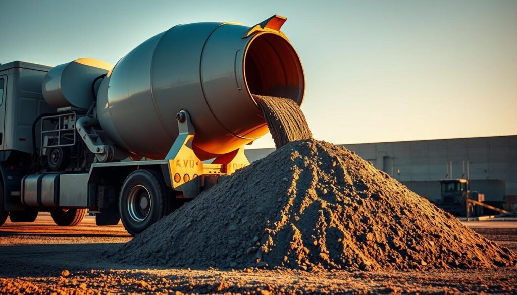 A high-quality concrete mixer truck pours fresh, wet concrete from its rotating drum onto the ground, creating a smooth, even pile of B20 or B25 grade concrete. The scene is bathed in warm, natural lighting, casting long shadows and highlighting the texture of the concrete. The truck is positioned in the foreground, with the concrete pile taking up the middle ground, and a neutral, unobtrusive background providing context. The overall mood is one of efficiency, functionality, and the reliable delivery of construction materials.