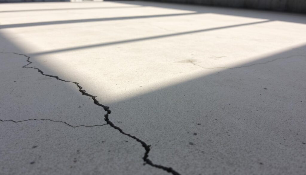 A large concrete slab in the foreground, slightly cracked and weathered, casting intricate shadows on the ground. In the middle ground, the concrete surface shows subtle signs of drying and hardening, with a matte, slightly uneven texture. The background is blurred, allowing the viewer to focus on the details of the concrete's maturation process. Soft, diffused natural lighting illuminates the scene, creating a calming and contemplative atmosphere. The overall composition conveys the gradual transformation of freshly poured concrete into a durable, long-lasting building material.
