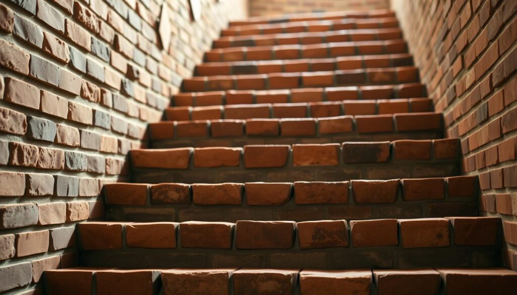 A meticulously crafted brick staircase, its timeless aesthetic radiating warmth and solidity. The rough-hewn bricks, each one laid with care, create a captivating pattern that catches the eye. Soft, natural lighting filters in, casting gentle shadows that accentuate the texture and depth of the materials. In the foreground, the stairs lead the viewer's gaze upward, inviting exploration. The background is softly blurred, allowing the staircase to take center stage as a testament to the enduring beauty and durability of brick construction. This image perfectly encapsulates the qualities of "trwałość" and "estetyka" that make brick stairs an exceptional choice for both indoor and outdoor settings.