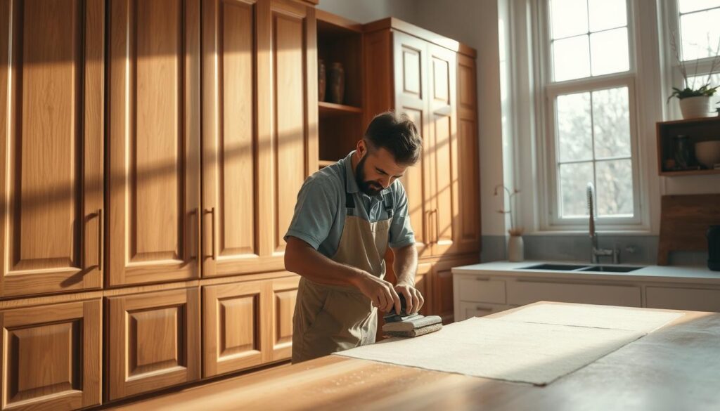 A modern kitchen interior with wood-paneled cabinet doors being refurbished. The focus is on a skilled artisan carefully sanding and refinishing the cabinet fronts, using fine-grained sandpaper and focused attention. The lighting is warm and natural, streaming in through large windows, casting a soft glow on the work surface. The background shows a clean, tidy kitchen with minimal decor, allowing the cabinet refurbishment process to take center stage. The overall mood is one of quiet productivity, showcasing the care and craftsmanship involved in restoring and renewing kitchen cabinetry. A modern kitchen interior with wood-paneled cabinet doors being refurbished. The focus is on a skilled artisan carefully sanding and refinishing the cabinet fronts, using fine-grained sandpaper and focused attention. The lighting is warm and natural, streaming in through large windows, casting a soft glow on the work surface. The background shows a clean, tidy kitchen with minimal decor, allowing the cabinet refurbishment process to take center stage. The overall mood is one of quiet productivity, showcasing the care and craftsmanship involved in restoring and renewing kitchen cabinetry.