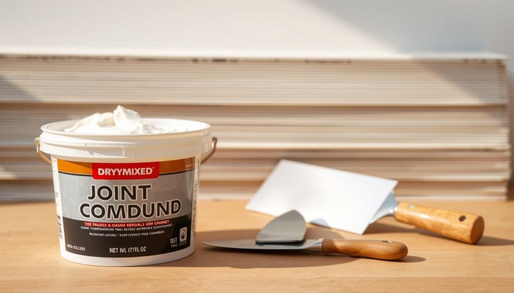 A neatly arranged composition showcasing a selection of joint compound products for drywall installation. In the foreground, a tub of ready-mixed joint compound, its label prominently displayed. In the middle ground, a putty knife and a small trowel, tools essential for applying the compound. In the background, a stack of drywall panels, subtly hinting at the overall application. Warm, natural lighting casts soft shadows, emphasizing the textures and details of the materials. The image conveys a sense of professionalism and expertise, suitable for an informative article on drywall finishing techniques.
