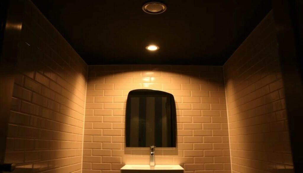 A small, dimly lit bathroom with a dark, moody ceiling overhead. The walls are tiled in a neutral shade, with a sleek, modern vanity and sink below. Soft, warm lighting from a recessed fixture casts a cozy glow, creating an intimate, spa-like ambiance. The dark ceiling, painted in a deep, earthy tone, draws the eye upward, creating an illusion of height and drama in the compact space. Shadows play across the surfaces, adding depth and texture to the scene. The overall effect is one of serene, sophisticated elegance, hinting at the hidden potential of a dark ceiling in a small bathroom.