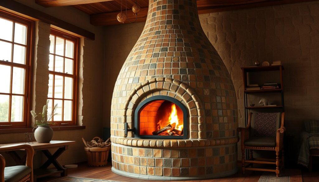 A traditional masonry stove, known as a "piec kaflowy," stands majestically in a cozy, well-lit living room. The stove's intricate ceramic tiles, in shades of warm browns and earthy tones, create a captivating focal point. Soft, natural light filters through large windows, casting a golden glow on the stove's ornate detailing. The stove's rounded, organic shape blends seamlessly with the room's rustic wooden furniture and textured walls, evoking a sense of timeless charm and comfort. The scene conveys a harmonious fusion of old-world craftsmanship and modern living, inviting the viewer to imagine the soothing ambiance of a crackling fire within the stove's sturdy, time-honored design. A traditional masonry stove, known as a "piec kaflowy," stands majestically in a cozy, well-lit living room. The stove's intricate ceramic tiles, in shades of warm browns and earthy tones, create a captivating focal point. Soft, natural light filters through large windows, casting a golden glow on the stove's ornate detailing. The stove's rounded, organic shape blends seamlessly with the room's rustic wooden furniture and textured walls, evoking a sense of timeless charm and comfort. The scene conveys a harmonious fusion of old-world craftsmanship and modern living, inviting the viewer to imagine the soothing ambiance of a crackling fire within the stove's sturdy, time-honored design.