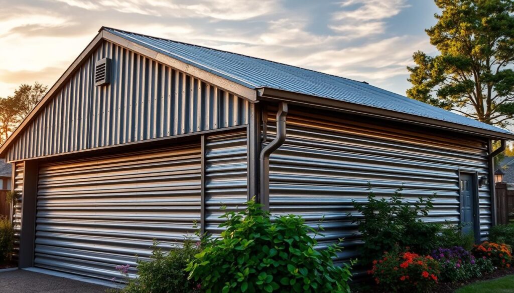 A weathered metal garage stands tall, its sleek, corrugated facade glistening in the warm, golden light of a setting sun. The roof slopes gently, inviting rainwater to flow smoothly into a seamless system of gutters and downspouts that guide the runoff away from the structure's foundation. Lush greenery and well-tended flowerbeds surround the garage, adding a touch of natural beauty to the scene. The overall impression is one of durability, practicality, and harmonious integration with the landscape, highlighting the importance of proper gutter installation for the long-term preservation of this essential outbuilding.