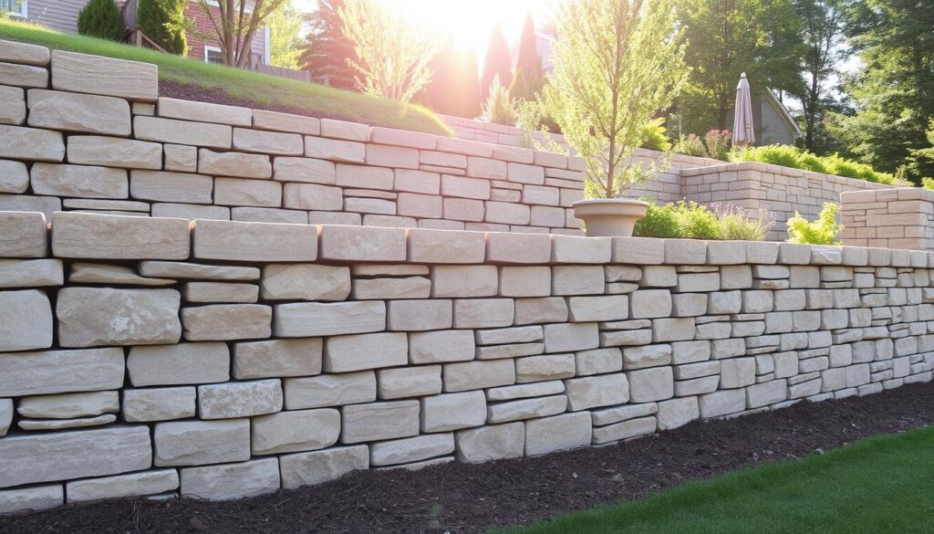 A well-constructed retaining wall, crafted from sturdy stone blocks, stands as a testament to the harmonious integration of function and form. The structure rises from the earth, its layers meticulously arranged, creating a seamless transition between the elevated garden and the lower terrain. Sunlight casts a warm glow, accentuating the natural hues and textures of the masonry, while subtle shadows add depth and dimension. The wall's robust design instills a sense of safety and security, guiding the eye towards a beautifully landscaped garden, where carefully curated flora enhances the overall aesthetic. This image exemplifies the practical and aesthetic benefits of a well-executed retaining wall, serving as a functional and visually appealing element that elevates the garden's character.