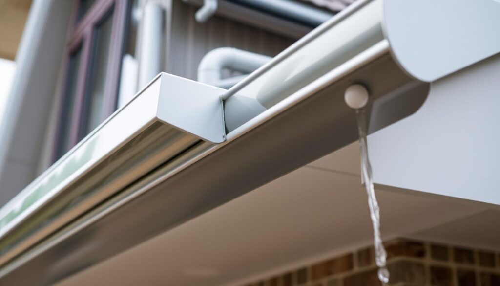 A well-functioning gutter system, capturing and channeling rainwater away from the building's foundation. In the foreground, a close-up view of a sturdy, seamless metal gutter, its surface polished to a gleam. In the middle ground, the gutter is connected to a series of downspouts, directing the water flow efficiently. The background reveals the architectural details of the building, showcasing how the gutter system is integrated into the overall design. The lighting is soft and even, highlighting the sleek, modern aesthetic of the gutters. The overall mood is one of functionality and seamless integration, conveying the importance of a properly installed and maintained gutter system.