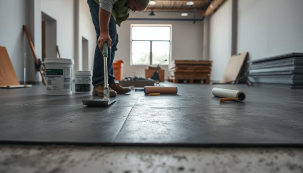 A well-lit, detailed scene depicting the preparation of a floor surface for panel installation. The foreground shows a worker meticulously leveling and smoothing the concrete subfloor using a trowel, ensuring a perfectly flat surface. In the middle ground, various tools and materials are neatly arranged, including a bucket of primer, a roller, and a stack of panels. The background reveals the spacious, clean room, with natural light streaming in through large windows, creating a sense of order and professionalism. The overall tone conveys a methodical, step-by-step approach to properly preparing the substrate for a high-quality panel installation.