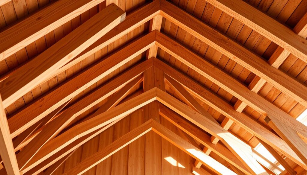 A well-lit, high-angle photograph of a rooftop truss system, showcasing the spacing and arrangement of the rafters. The truss is constructed with sturdy wooden beams, their grain and texture clearly visible. The rafters are evenly spaced, forming a symmetrical, repeating pattern that creates a visually pleasing, architectural composition. Soft, natural lighting casts subtle shadows, accentuating the three-dimensional form of the structure. The background is blurred, placing the focus entirely on the intricate carpentry of the rooftop truss, which serves as the central subject. This image provides a clear, technical illustration of the spacing and layout of rafters in a gable roof design.